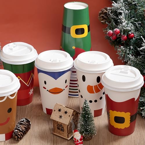 JOYIN 24 PCS Merry Christmas Disposable Paper Cups with Sleeves and Lids, 6 Designs Xmas Drinkware 16 oz, Snowflake Santa Elk Cups for Hot Coffee Cold Beverage Holiday Tableware Supplies Favors
