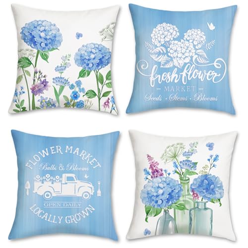 Bonhause Floral Hydrangea Throw Pillow Covers 18x18, Set of 4, Blue