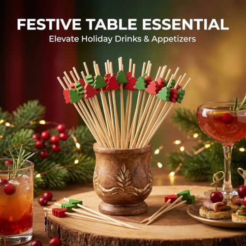 Christmas Tree-Shaped Bamboo Cocktail Picks for Appetizers & Drinks - 100 Pcs
