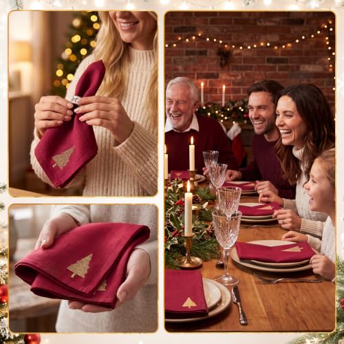 Christmas Cloth Napkins Set of 6 - Red Embroidered Tree Pattern, 17x17 Inches
