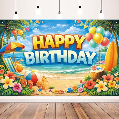 Happy Birthday Beach Backdrop Banner - Tropical Luau Photo Booth (71 x 43 in)