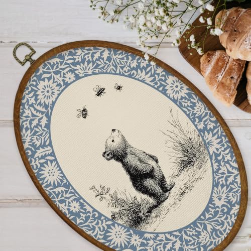 Vintage Bear Oval Framed Canvas Wall Art for Kids Room