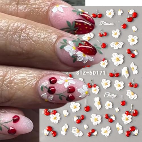 5D Flower Nail Art Stickers - Cherry & Blueberry Self-Adhesive Decals (2 Sheets)