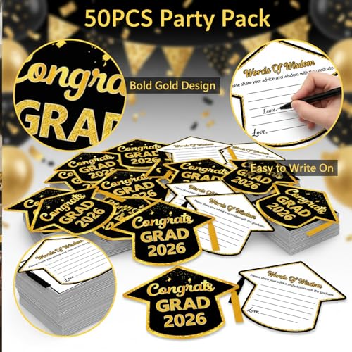 50 Graduation Advice Cards - Black & Gold Cap Shaped 2026