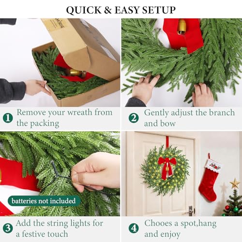 Artificial Christmas Wreath with Lights 26 Inch Pine Decor with Bow & Bell Style2