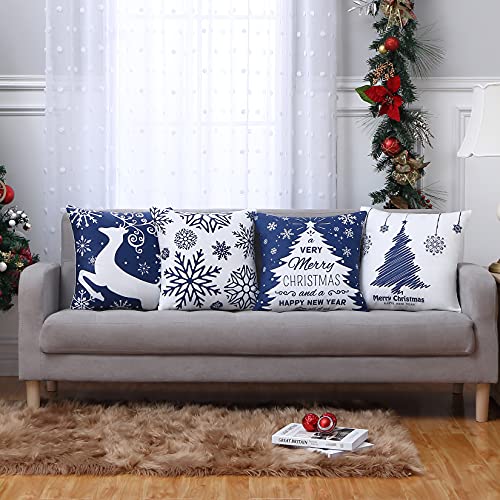 NANAN Blue 18x18 Inch Christmas Pillow Cover Set of 4 Snowflake Merry Christmas Elk Decor