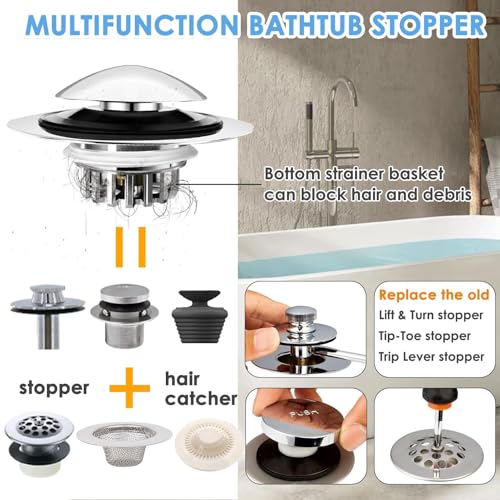 BAOLSLS Chrome Silver Bathtub Drain Stopper with Hair Catcher, 1.45-1.8 inch Fit