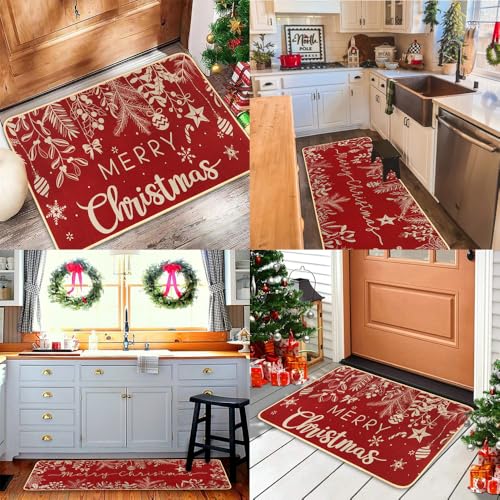 DIYDEC Christmas Kitchen Rugs Set of 2 - Red Holiday Mat Decor