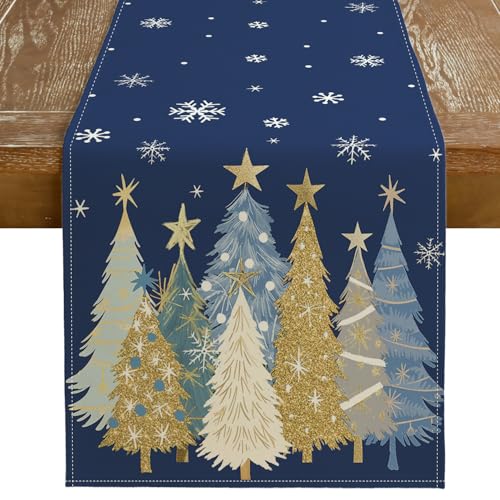 Christmas Table Runner 13x36 Inch Blue Xmas Trees Snowflakes Holiday Decor
