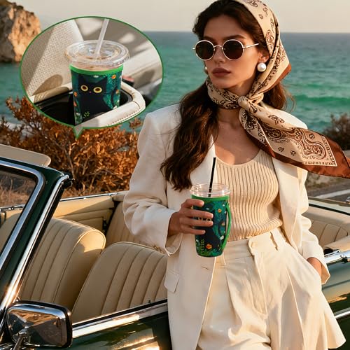 3-Pack Reusable Iced Coffee Sleeves - Insulated Neoprene - Black Cat Design