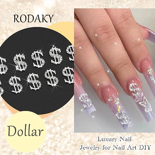 RODAKY 10PCS Silver Dollar Sign Nail Charms 3D Rhinestone Gems