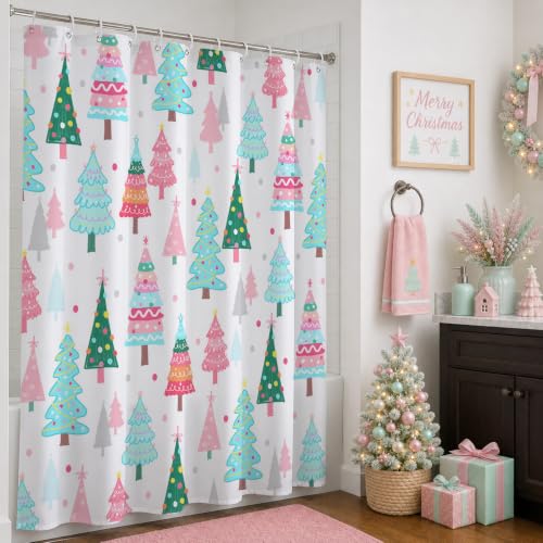 Pastel Christmas Tree Shower Curtain Pink Teal 72x72 Inch - Pack of 1