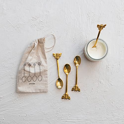 Creative Co-Op Farmhouse Brass Spoons with Bee Handles in Drawstring Bag, Brass Finish