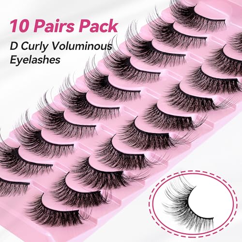 CINYOLA Fluffy Wispy False Eyelashes 10 Pairs D Curl Cat Eye Fake Lashes
