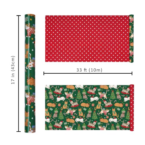 Reversible Christmas Cat Wrapping Paper Roll - 17 x 33 Ft, Holiday Gift Wrap, Pet Lover Gift Wrap, Pack of 1