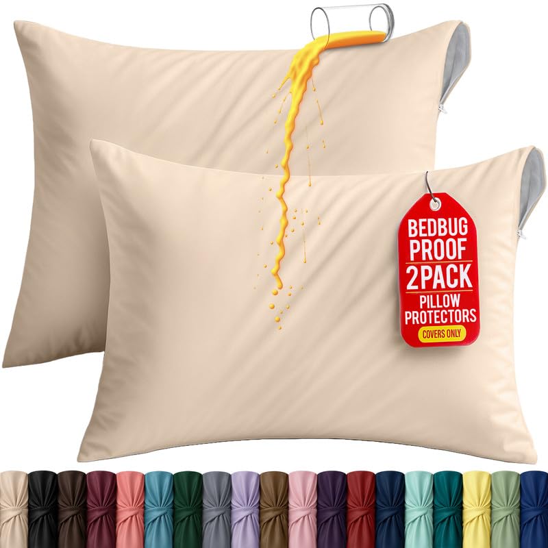 Queen Size Pillow Protectors Set of 2 Beige Waterproof Zippered Pillow Covers