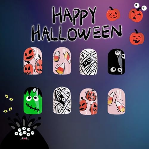 Halloween Press on Nails Square Fake Nails Mummy Pumpkin 24PCS
