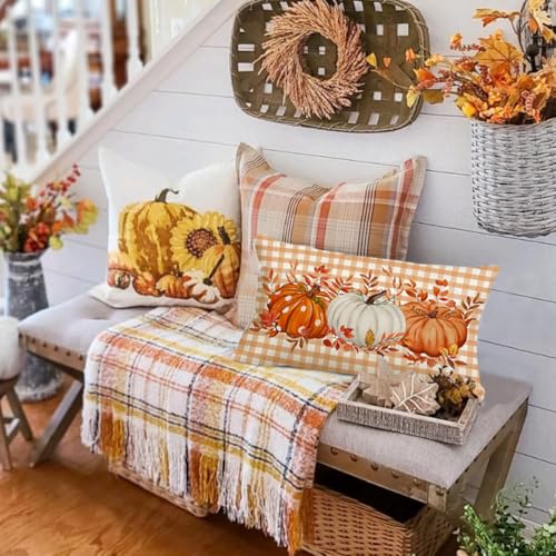 Fall Pillow Cover 12x20 Inch Orange Pumpkin Buffalo Plaid - ARGOOFG