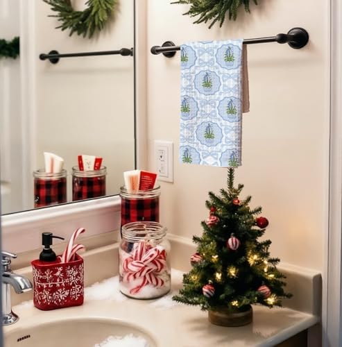 Christmas Blue Bow Tree Chinoiserie Kitchen Towels - Holiday Hand & Dish Towels