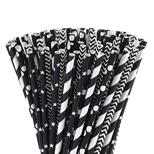 Biodegradable Black Paper Drinking Straws - 100 Pack for Party Decorations