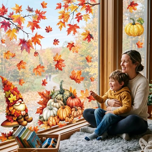 Fall Window Clings with Gnomes & Leaves - 9 Sheets Autumn Decor