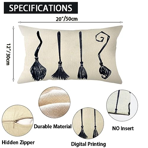 Halloween Witch Broom Throw Pillow Cover - 12x20 Inch Black Cushion Case