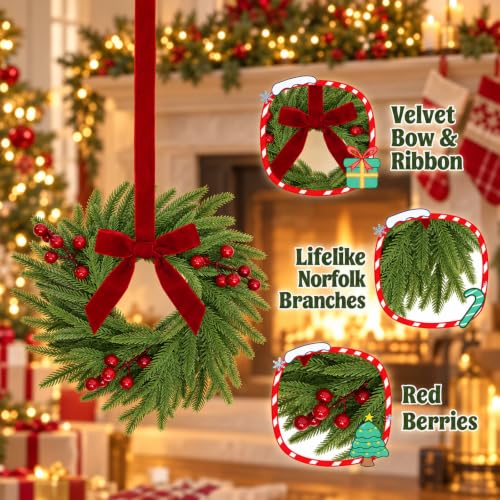 Mini Christmas Wreaths for Cabinets - Norfolk Style, 6 Pack, 11.5 Inches