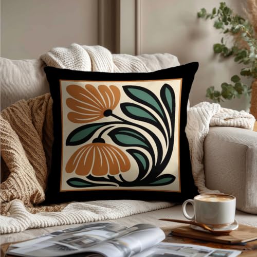 Boho Burnt Orange & Green Floral Pillow Cover 18x18 - White Flower 3