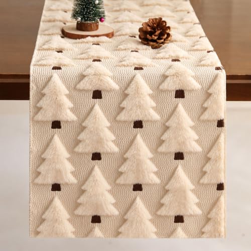 Beige Christmas Tree Table Runner 13x72 Inch Faux Fur Jacquard Seasonal Decor
