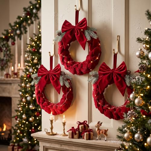 Christmas Velvet Wreath with Bow 14 Inch Front Door Decor in Red - Holiday Home Decoration
