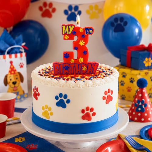 Number 3 Birthday Candle, Red Paw Print Cake Topper for Puppy Themed Party