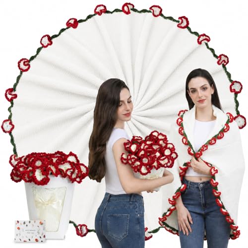 Red Carnation Crochet Flower Bouquet Blanket - Handmade Knitted Throw