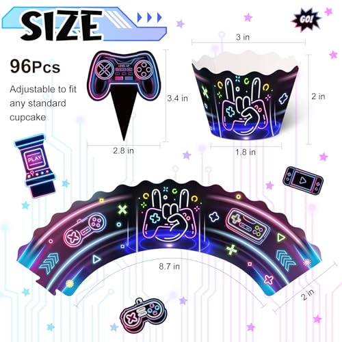 96 Pcs Neon Video Game Cupcake Toppers and Wrappers Party Set