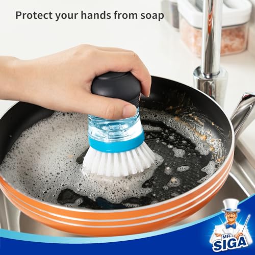 MR.SIGA Soap Dispensing Dish Brush - Refillable Non-Scratch Kitchen Scrubber, Navy/Blue