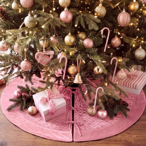 Pink Velvet Christmas Tree Skirt 48 Inch Quilted Holiday Decor