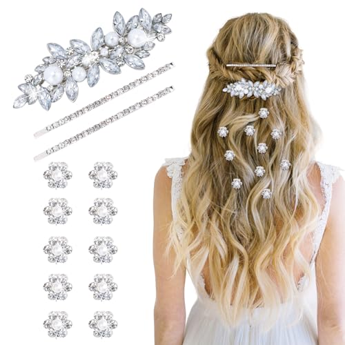 WHAVEL Rhinestone Hair Clips 13-Piece Set Silver Flower Barrettes for Wedding Prom