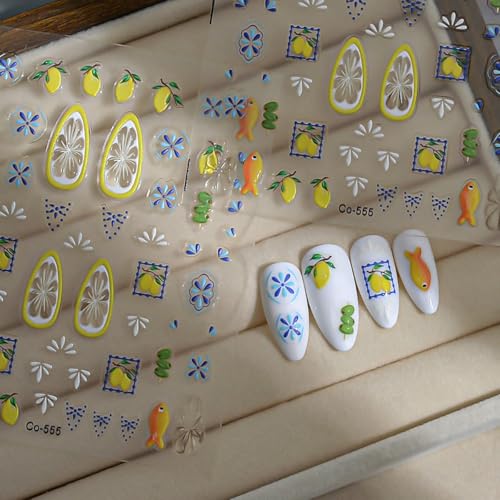 5D Embossed Summer Fruit Nail Stickers Self-Adhesive Lemon Tropical Decals