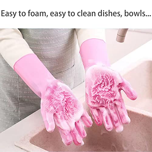 HUAYINGMEI Silicone Dishwashing Gloves with Built-in Scrubber - Pink