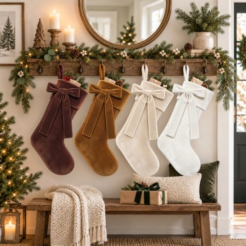 YUJUN 4 Pack 18in Brown Velvet Christmas Stockings Holiday Decor