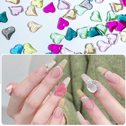 KAAGEE 80Pcs Aurora Heart Nail Rhinestones 3D Water Ripple Glass Charms