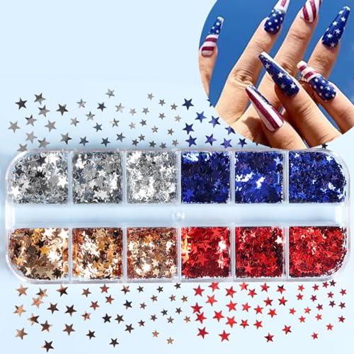 4th of July Nail Art Glitter Sequins 12-Grid Star Decals