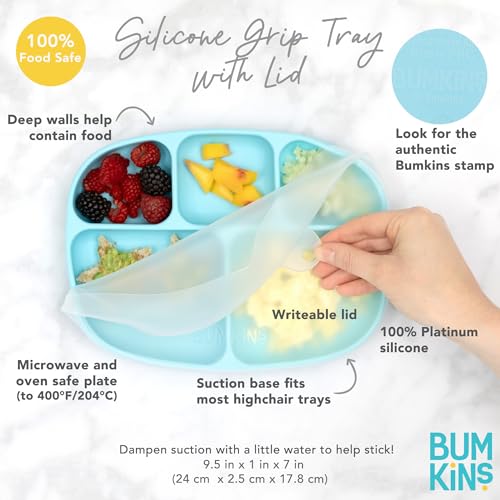 Bumkins Silicone Suction Plate for Toddlers - 5-Section Grip Dish in Blue