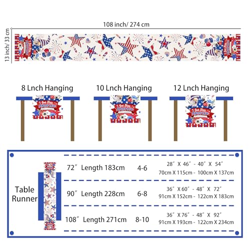 Patriotic 4th of July Table Runner 108 Inches Long for Dining & Holiday Decor