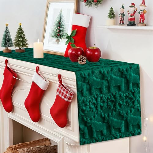 Christmas Snowflake and Elk Table Runner - Faux Fur Jacquard Holiday Decor, 13x90 Inch, Green