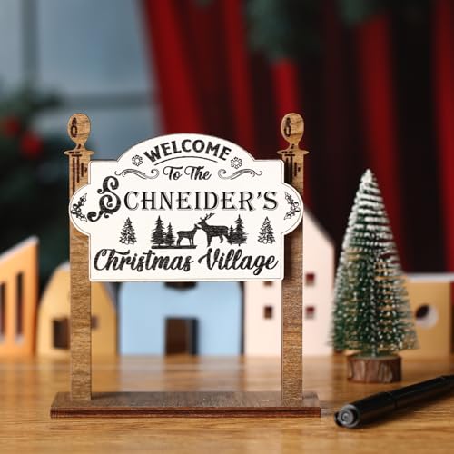 Wooden Christmas Village Sign with Pen - Rustic Holiday Decor