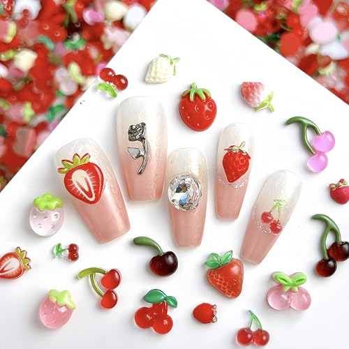 Tephrent 150pcs 3D Strawberry and Cherry Resin Nail Charms Flatback Rhinestones