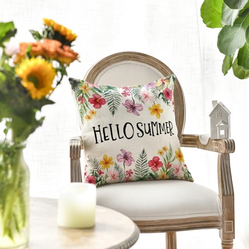 Hello Summer Plumeria Throw Pillow Cover - 18x18 Inch Floral Cushion