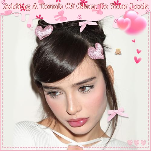 Pink Heart Hair Bows and Sequin Clips Set for Women and Teens