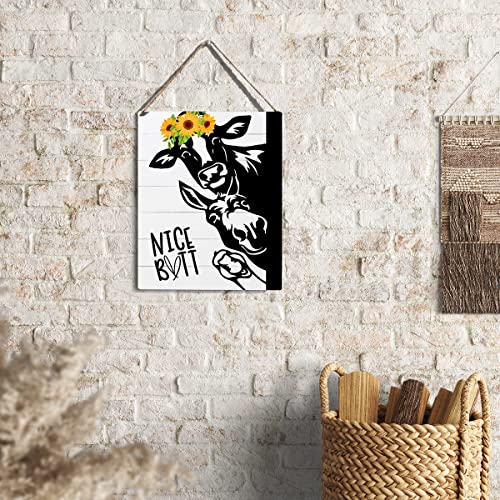 Rustic Wooden Bathroom Sign Decor - 10x8 Cow & Sunflower Art