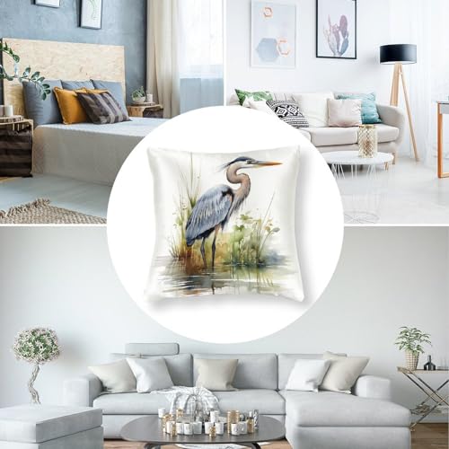 Watercolor Great Blue Heron Satin Throw Pillow Cover 18x18